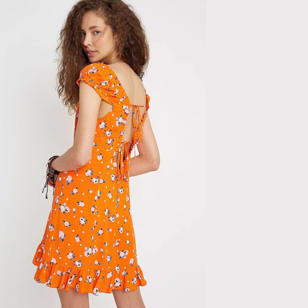 NWT Free People Floral Orange Blossom Puff Sleeve Open Back Dress